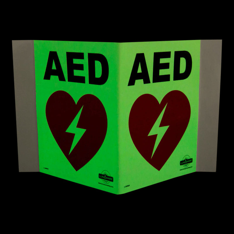 Illuminating AED sign panoramic, Highly Durable rigid PVC Plastic AED sign, Safety Markings, Egress and Stairwell Solutions, Safety Information in Blackout