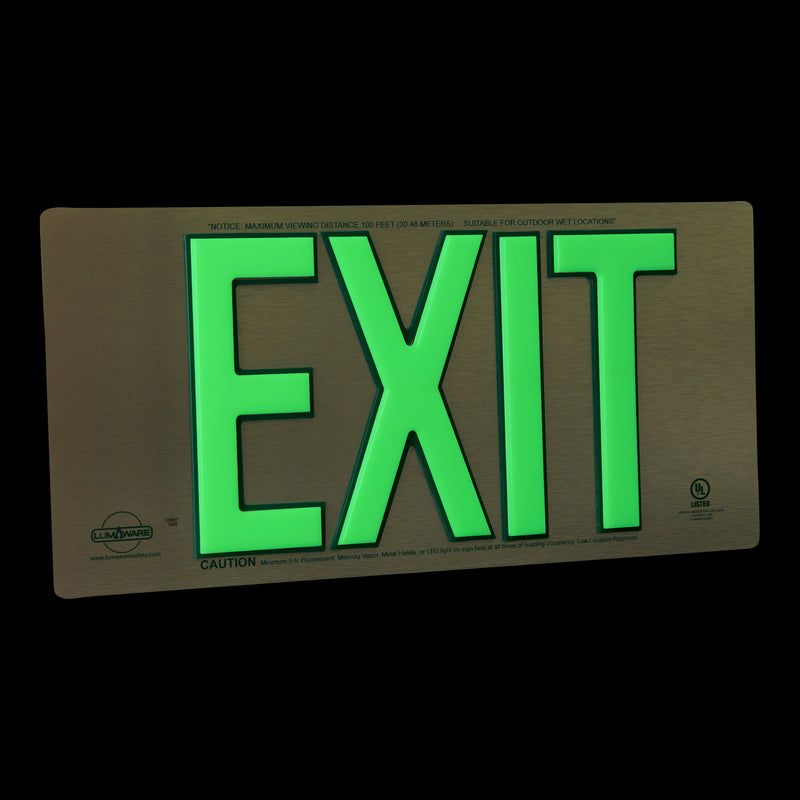 Brushed Aluminum Poly-Metal Double-Sided 100' Visibility 5 fc Rated Energy-Free Photoluminescent UL924 Emergency Exit Sign LED Lighting Compliant