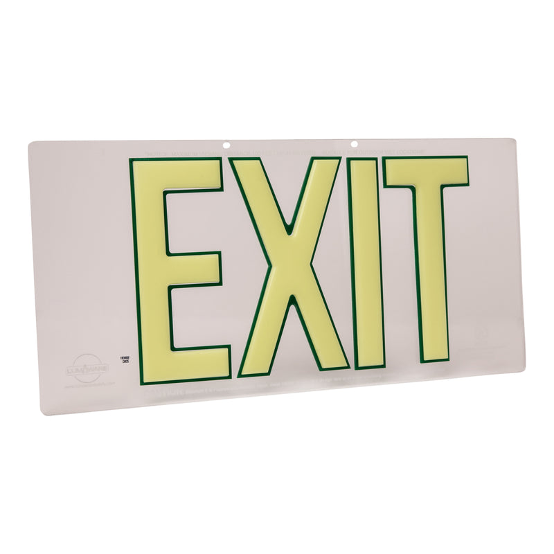 Clear Lucite Emergency Exit Sign, LED compliant exit sign, Alternative exit signs, energy free exit signs, Photoluminescent Exit Signs, Electric Sign Alternative, UL924 Emergency Exit Sign, Electric Exit Signs