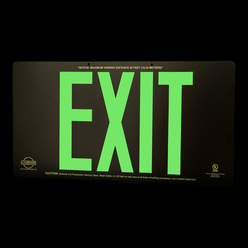 Black Poly-Metal Emergency Exit Sign, LED compliant exit sign, Alternative exit signs, energy free exit signs, Photoluminescent Exit Signs, Electric Sign Alternative, UL924 Emergency Exit Sign, Electric Exit Signs