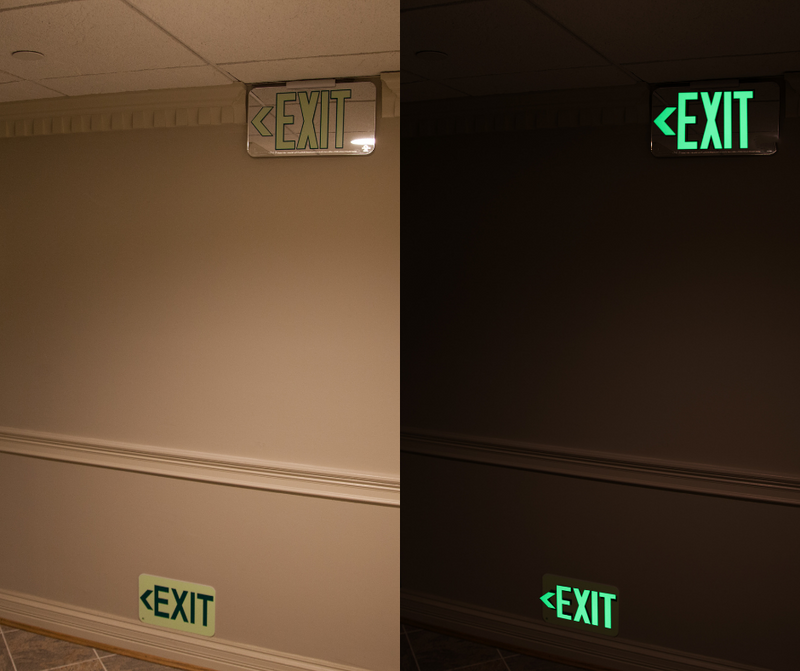 Mirrored Emergency Exit Sign, LED compliant exit sign, Alternative exit signs, energy free exit signs, Photoluminescent Exit Signs, Electric Sign Alternative, UL924 Emergency Exit Sign, Electric Exit Signs