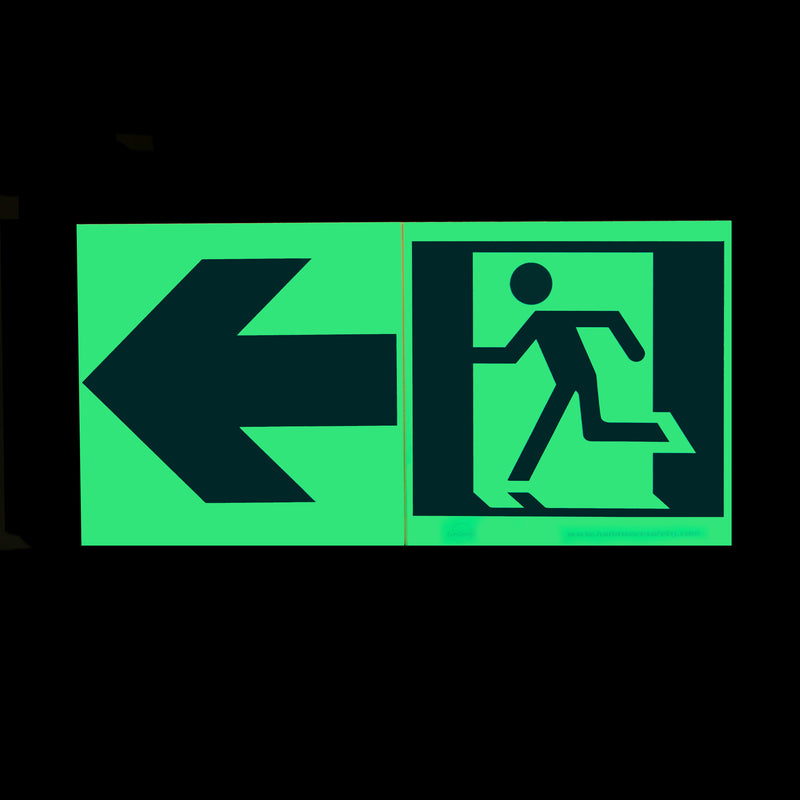 Running Man Exit Sign, Green Reflective Arrow, Running-Man Sign, Right Running Man Exit Sign, Left Running Man Exit Sign,Diagonal Running Man Exit Sign, Safety Markings, Egress and Stairwell Solutions