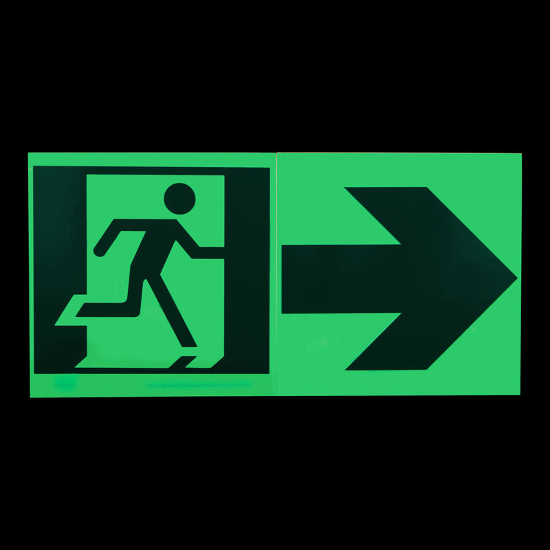 Running Man Exit Sign, Green Reflective Arrow, Running-Man Sign, Right Running Man Exit Sign, Left Running Man Exit Sign,Diagonal Running Man Exit Sign, Safety Markings, Egress and Stairwell Solutions
